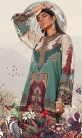 Printed lawn shirt  Printed chiffon dupatta Dyed cambric trouser  Embroidered neckline patti Embroidered sleeve patti