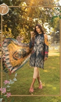 Printed lawn shirt Cambric trouser Printed silk dupatta Embroidered patches