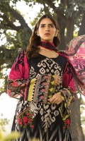 Printed lawn shirt Cambric trouser Printed silk dupatta Embroidered patches