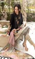 Printed lawn shirt Cambric trouser Chiffon printed dupatta Embroidered neckline Embroidered ghera patti