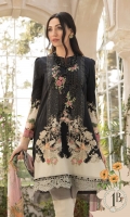 Printed lawn shirt Cambric trouser Chiffon printed dupatta Embroidered neckline Embroidered ghera patti