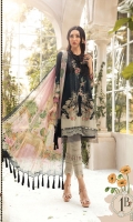 Printed lawn shirt Cambric trouser Chiffon printed dupatta Embroidered neckline Embroidered ghera patti