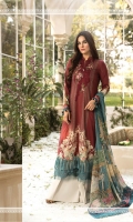 Printed lawn shirt Cambric trouser Chiffon printed dupatta Embroidered neckline Embroidered ghera patti