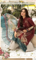 Printed lawn shirt Cambric trouser Chiffon printed dupatta Embroidered neckline Embroidered ghera patti