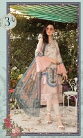 Printed lawn shirt Cambric trouser Chiffon printed dupatta Embroidered ghera patti