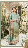 Printed lawn front Cambric trouser Silk printed dupatta Printed trouser patti Embroidered sleeve patch