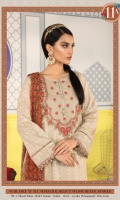 Printed shirt Dyed trouser Printed chiffon dupatta Embroidered lawn neckline Embroidered patti