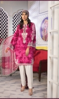 Printed shirt Printed trouser Printed chiffon dupatta Embroidered neckline Embroidered ghera Embroidered trouser patches