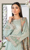 Printed shirt Printed trouser Printed chiffon dupatta Embroidered sleeve patches Embroidered patti I Embroidered patti II