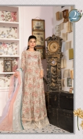 Embroidered printed front and sleeves printed back Dyed trouser Cotton net dupatta Embroidered embellished neckline Embroidered patti Puff printed organza patti
