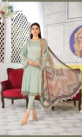 Printed shirt Printed trouser Printed chiffon dupatta Embroidered sleeve patches Embroidered patti I Embroidered patti II