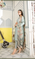 Printed shirt Printed trouser Printed chiffon dupatta Embroidered sleeve patches Embroidered patti I Embroidered patti II