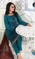 Printed shirt Dyed trouser Printed chiffon dupatta Embroidered neckline Embroidered patches