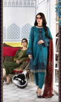 Printed shirt Dyed trouser Printed chiffon dupatta Embroidered neckline Embroidered patches