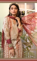 Printed shirt Dyed trouser Printed chiffon dupatta Embroidered neckline patti Embroidered neck motif Embroidered patti