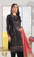 Printed shirt Dyed trouser Printed silk dupatta Embroidered lawn centre panel Embroidered patti I Embroidered patti II