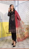Printed shirt Dyed trouser Printed silk dupatta Embroidered lawn centre panel Embroidered patti I Embroidered patti II