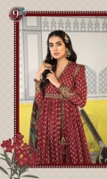 Printed shirt Printed trouser Printed chiffon dupatta Embroidered sleeve patches Embroidered patti I Embroidered patti II