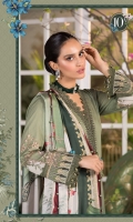 Printed shirt Dyed trouser Printed silk dupatta Embroidered neckline patti Embroidered ghera patches Embroidered ghera lace