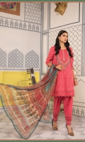 Printed shirt Dyed trouser Printed chiffon dupatta Embroidered lawn neckline Embroidered patti