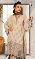 Printed Karandi Shirt Dyed Trouser Printed Chiffon Dupatta Embroidered Neckline Patti Embroidered Ghera 1 Piece