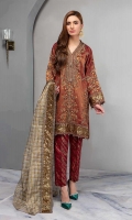 3 pieces Shirt, Undershirt and Trouser Zari organza embroidered shirt Embroidered sleeves  Embellished with fancy buttons and pearl hangings Rawsilk under shirt Jacquard straight pants Zari net embroidered dupatta.