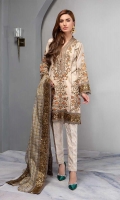 3 pieces Shirt, Undershirt and Trouser Zari organza embroidered shirt Embroidered sleeves  Embellished with fancy buttons and pearl hangings Rawsilk under shirt Jacquard straight pants Zari net embroidered dupatta,