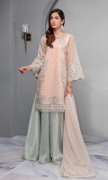 3 pieces Shirt, Undershirt and Trouser Self-organza fully embroidered shirt Embroidered sleeves Embellished neckline and pearl hanging lace Raw-silk under shirt Tissue gharara Net embroidered dupatta