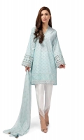3 Piece Shirt, Trouser and Dupatta Powder Blue/ light Pink Schiffli shirt with embroidered front border sleeves and neckline Screen printed chiffon dupatta with tassel details Straight tulip cut cotton pants,