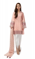 3 Piece Shirt, Trouser and Dupatta Powder Blue/ light Pink Schiffli shirt with embroidered front border sleeves and neckline Screen printed chiffon dupatta with tassel details Straight tulip cut cotton pants.