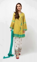 3 Piece Shirt, Trouser and Dupatta Angrakha cut lawn shirt with embroidered sleeves and border White cotton embroidered shalwar Green chiffon dupatta