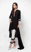 3 Piece Shirt, Trouser and Dupatta Black/dark blue Front short, long back lawn shirt with schiffli details on sleeves Embroidered cotton pants Chiffon dupatta