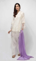 3 Piece Shirt, Trouser and Dupatta Embroidered lawn paneled shirt with organza embroidered details on hem and sleeves Embroidered cotton shalwar Chiffon dupatta
