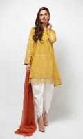 3 piece Shirt, Trouser and Shalwar Yellow/Mint green Embroidered lawn shirt and sleeves Embroidered chiffon dupatta Cotton tulip shalwar