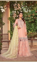 Plain Cotton Satin Front & Back Plain Chiffon Sleeves Embroidered Cotton Satin Sleeve Patch Embroidered Organza Neckline Embroidered Organza Side Chak Patches Embroidered Organza Ghera Lace Embroidered Organza Gharara Fabric Plain Cotton Satin Gharara Lining Embroidered Organza Gharara Lace Printed Organza Dupatta Embroidered Dupatta Patti