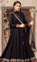 Embroidered Cotton Satin Front & Sleeves Plain Cotton Satin Back Embroidered Cotton Satin Sleeve Patti Embroidered Net Dupatta Embroidered Velvet Dupatta Patti Plain Cotton Satin Trouser Embroidered Cotton Satin Front Ghera Lace Embroidered Cotton Satin Back Ghera Lace Embroidered Cotton Satin Neck Lace Embroidered Tassels