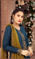 Embroidered Cotton Satin Front & Sleeves Plain Cotton Satin Back Embroidered Organza Neckline Embroidered Organza Sleeve Lace Plain Cotton Satin Trouser Embroidered Chiffon Dupatta Embroidered Chiffon Dupatta Pallu Lace