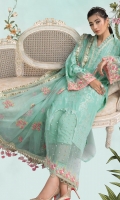 DYED JACQUARD FRONT DYED JACQUARD BACK DYED JACQUARD SLEEVES EMBROIDERED ORGANZA DUPATTA DYED COTTON SATIN TROUSER EMBROIDERED ORGANZA GHERA LACE WITH PEARLS EMBROIDERED ORGANZA SLEEVES PATTI WITH PEARLS EMBROIDERED COTTON SATIN DUPATTA PATTI EMBROIDERED ORGANZA NECK LACE
