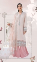 EMBROIDERED COTTON SATIN FRONT EMBROIDERED COTTON SATIN BACK EMBROIDERED COTTON SATIN SLEEVES DYED ORGANZA JACQUARD DUPATTA DYED COTTON SATIN TROUSER EMBROIDERED ORGANZA GHERA PATCH FRONT & BACK EMBROIDERED COTTON SATIN GHERA PATTI FRONT & BACK EMBROIDERED ORGANZA SLEEVES PATTI 1 EMBROIDERED COTTON SATIN SLEEVES PATTI 2 EMBROIDERED ORGANZA NECK MOTIF EMBROIDERED ORGANZA NECKLINE