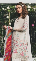 Embroidered cotton net front Cotton net back Embroidered cotton net sleeves Embroidered organza ghera and sleeve lace with pearls Embroidered chiffon dupatta Embroidered cotton satin dupatta lace Embroidered cotton satin sleeve lace Organza ghera lace back Cotton satin trouser Cotton satin undershirt Embroidered organza trouser lace