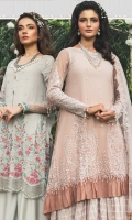 Embroidered shaded net front with pearls Shaded net back Embroidered net sleeves with pearls Embroidered net dupatta with pearls Embroidered organza neckline patti with pearls Embroidered organza dupattapallupatti Cotton satin under shirt Jacquard trouser