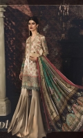 Digital printed pure charmeuse embroidered front Digital printed pure charmeuse back Digital printed sleeves Digital printed silk dupatta Cotton satin trouser Embroidered and hand embellished neckline Embroidered ghera patti