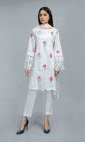 Shirt, Trouser, Dupatta Lawn embroidered panelled shirt with stitching details on side pannels, embroidered sleeves with embroidered organza border paired with white lawn cotton straight pants and matching chiffon'