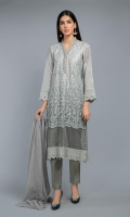 Shirt, Trouser, Dupatta Shaded embroidered front, lawn shirt with organza details on border Embroidered sleeves paired with straight lawn cotton pants and chiffon dupatta