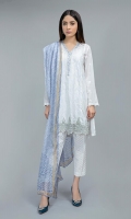 Shirt fabric: Lawn Trouser fabric: Lawn cotton Dupatta fabric: Silk Lawn paneled embroidered shirt with embroidered border and embroidered spray on sleeves paired with straight self printed trouser and printed silk dupatta.