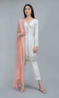 Shirt fabric: Lawn Trouser fabric: Lawn cotton Dupatta fabric: Silk Lawn paneled embroidered shirt with embroidered border and embroidered spray on sleeves paired with straight self printed trouser and printed silk dupatta