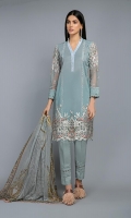 Shirt, Trouser, Dupatta Lawn panelled straight shirt with embroidered border and neckline Embroidered chiffon sleeves with chiffli border Paired with matching pants with stitching details Digital printed chiffon dupatta