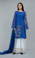 Shirt, Trouser, Dupatta Lawn shirt with embroidered front Embroidered chiffli sleeves paired with white lawn cotton chiffli pants Chiffon printed dupatta