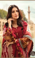 Printed lawn front Printed lawn back Embroidered lawn centre panel Printed lawn sleeves Embroidered net sleeve Border Dyed lawn trouser Jacquard dupatta
