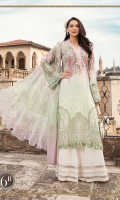 Printed lawn front Printed lawn back Printed lawn sleeves Printed tissue silk dupatta Printed cambric trouser Embroidered ghera patch Embroidered ghera lace Embroidered sleeve patch Embroidered sleeve lace Embroidered neckline lace